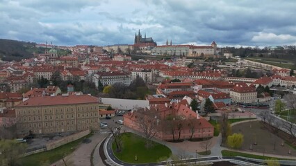 Wall Mural - Scenic spring panoramic aerial view of the Old Town pier architecture and Charles Bridge over Vltava river in Prague, Czech Republic