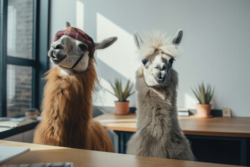 two funny llamas at an interview in the office, Generative AI