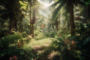 Tropical jungle landscape with fresh plants, leaves and flowers. Beautiful forest, Summer botanical garden on sunny day. Illustration. Generative AI