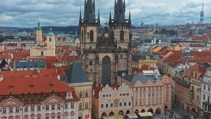 Wall Mural - Panoramic aerial view of old Town square in Prague on a beautiful summer day, Czech Republic. Church of our Lady before Tyn and Prague Astronomical Clock Tower