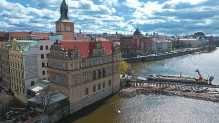 Wall Mural - Scenic spring panoramic aerial view of the Old Town pier architecture and Charles Bridge over Vltava river in Prague, Czech Republic