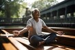 ..Yoga practitioner unwinding on a bench in a meditative boat pose
