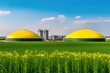 Modern biogas plant in rural area with rapeseed fields. Photo generative AI