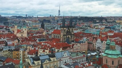 Wall Mural - Panoramic aerial view of old Town square in Prague on a beautiful summer day, Czech Republic. Church of our Lady before Tyn and Prague Astronomical Clock Tower