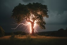  Lightning Storm Is Blazing In The Sky Above A Tree
