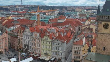 Wall Mural - Panoramic aerial view of old Town square in Prague on a beautiful summer day, Czech Republic. Church of our Lady before Tyn and Prague Astronomical Clock Tower