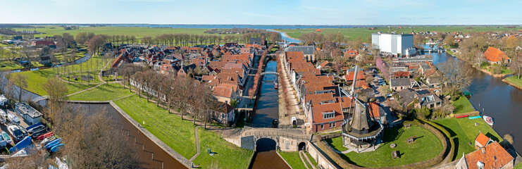 Wall Mural - Aerial panorama from the historical village Sloten in Friesland the Netherlands