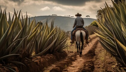 View from Behind on a Framer on his Horse among Agava Plants on a Field Farm