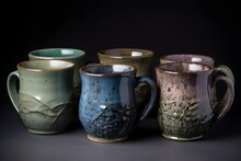 ..A set of unique handmade pottery mugs with unique glazes.