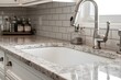 ..Close-up of stylish kitchen sink with tiled backsplash.