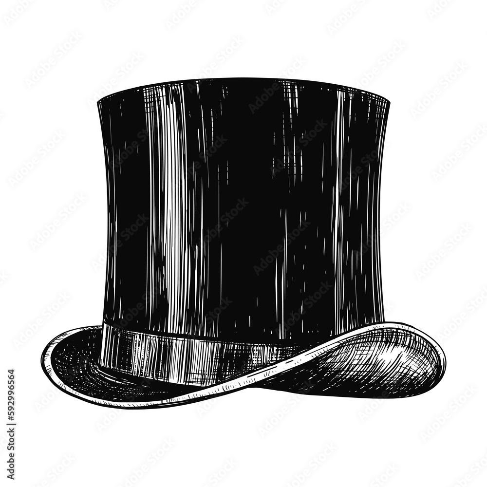 Sketch ink graphic top hat illustration, draft silhouette drawing, black on white line art. Gentleman vintage etching design