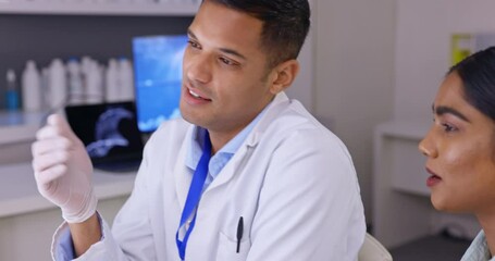 Poster - Scientist, team and training in lab on computer for healthcare, science or research together. Man medical professional helping female intern with scientific data on desktop PC at the laboratory