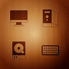 Wall Mural - Set Keyboard, Computer monitor screen, Hard disk drive HDD and Case of computer on wooden background. Vector