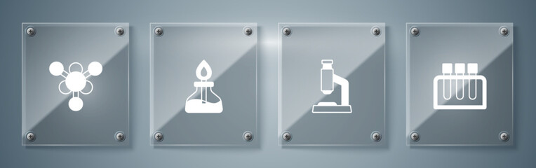 Sticker - Set Test tube, Microscope, Alcohol or spirit burner and Molecule. Square glass panels. Vector