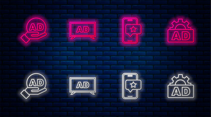 Poster - Set line Advertising, Mobile with review rating, and . Glowing neon icon on brick wall. Vector