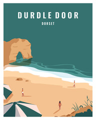 Travel poster Durdle Door at Dorset, England, United Kingdom. Vector Illustration in colored style suitable for poster, greeting card, postcard.