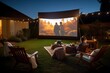 Cozy Outdoor Movie Night Setup, Large Projector Screen, Comfortable Seating, Immersive Audio.