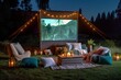 Cozy Outdoor Movie Night Setup, Large Projector Screen, Comfortable Seating, Immersive Audio