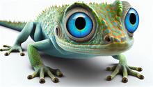 Lizard With Big Blue Eye And Big Blue Eyes Isolated On White Background. Ai Generated Image
