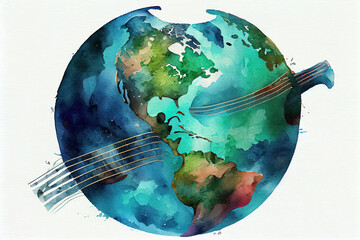 Poster - Watercolor music planet Earth. Generative Ai