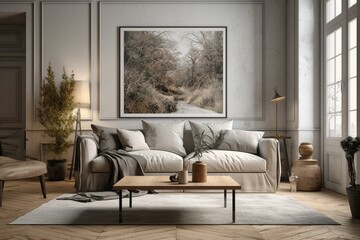 Wall Mural - Mock up frame in farmhouse living room interior background, 3d render. Generative AI