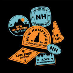 Wall Mural - Sticker Pack. Collection of trendy pins. Set of cool patches vector design. New Hampshire retro badges.