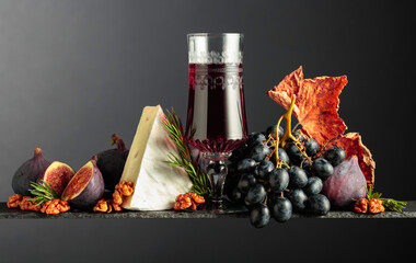 Poster - Red wine with cheese brie and fruits.