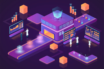 Aufkleber - Data technology. Isometric 3D people. Business infographic. Work process. Workspace analysis. Innovation conveyor. Workers searching solutions. Statistic icons. Vector purple background