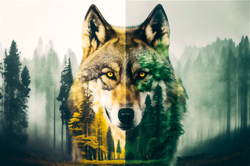 wolf and forest. the concept of protecting wildlife and green planet. generated ai