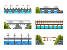 Bridges Across River Water. Isometric Metal Arch In City. Travel Road Landscape. Trees And Building Constructions. Stone And Wood Footbridges. Vector Illustration Scenery Elements Set