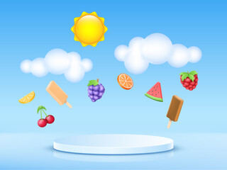 Poster - 3d summer podium. Cute clouds, fruits and ice-cream, platform render, product presentation. Sun and watermelon, light show stage, geometric form, cute products. Vector abstract background