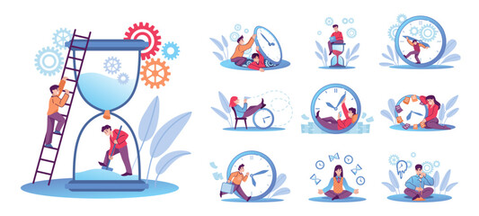 Poster - Time management. Schedule control by clock. Tasks or goals planning. Organize with hourglass. Entrepreneurs or training agenda. Hours countdown. Watch dial. Vector abstract characters set
