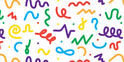 Poster - 90s style kid squiggles, muster pattern. Fun color arts, child party design with confetti, doodle shapes. Funny drawings, cute childish wallpaper design. Vector seamless background