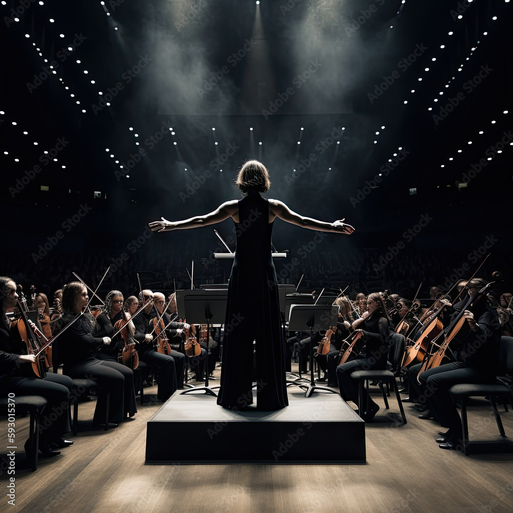 a woman in a black dress standing on a stage with her arms outstretched to  the side, surrounded by orchestra members. Dramatic Female Conductor  Leading Modern Symphony Orchestra - Generative AI Stock