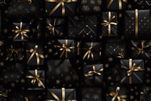 Black And Gold Christmas Gift Boxes With Golden Ribbons, Bows And Snowflakes On The Background Stock Illustration. Generative AI