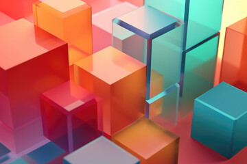 3d render, abstract geometric background, translucent glass with colorful gradient, simple flat square shapes