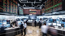 Illustration Of Trading Floor, Stock Market Exchange Indoor Backgrounds With Round Workplaces And Displays Showing Financial Data. Businesspeople. AI Generative Image.