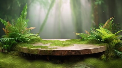 Wooden minimal product podium display with copy space on tropical forest background. Green leaves with showcase empty platform. AI generative image.