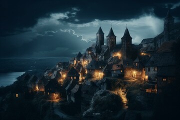 Wall Mural - Mystical night over the medieval gothic town/ Illustration a fantasy town night scape with lights, sky with the moon and clouds on the background. Generative AI