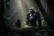 Adult And Baby Gorilla In The Middle Of A Tropical Jungle - With Beautiful Lighting - Made With Generative AI Tools