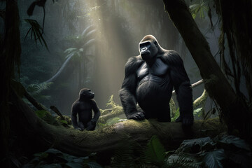 Adult and baby gorilla in the middle of a tropical jungle - with beautiful lighting - Made with Generative AI Tools