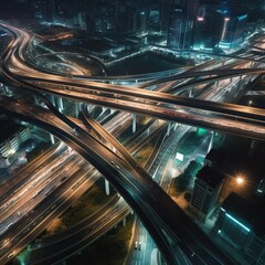 Poster - At night, a top view of car traffic transport crossing a multi-lane highway or expressway in an Asian city. Civil engineering, a background in technology, and an understanding. generative ai