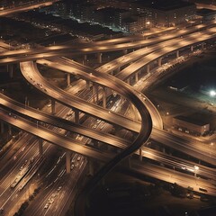 Poster - Top view of car traffic transport on crossing multiple lanes highway or expressway in Asia city at night. Civil engineering, technology background, Asian transportation concept. generative ai