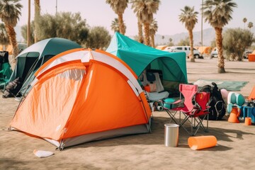 trendy Coachella festival camping gear set, including a spacious tent, cozy sleeping bag, portable camping stove, and camping chairs - Generative AI