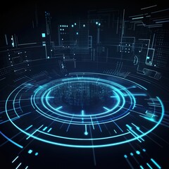 Poster - Futuristic circuit. Abstract data center, server, internet, and speed motion graphics. Tunnel with a futuristic HUD. Display screens for technology titles and backgrounds. generative ai