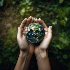 Poster - Green world in your hands, Save the Earth, Texture of a forest from above, with an ecosystem and a healthy environment. generative ai