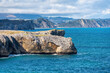 High rock cliffs jutting into the Cantabrian Sea off the coast of Asturias, Spain.