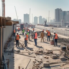 Sticker - Specialist Group Inspect the construction site of a commercial or industrial building. Civil Engineer, Investor, and Worker are involved in a real estate project. Crane in the Background. generative a