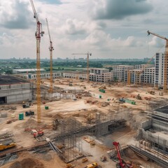 Wall Mural - Large construction site with construction cranes as panorama background. generative ai