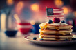 Delicious tasty pancakes with american flag. Berries around the plate. 4th july celebration, memorial day concept. Generative AI